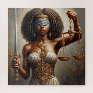 Schwarze Lady Justice mit Waage und Augenbinde Puzzle