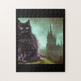 Schwarze, langhaarige Katzenaugen vor Schloss Puzzle