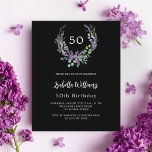 Schwarze Lavendel-Broschüren zum Geburtstag Einlad<br><div class="desc">Schwarzer Hintergrund. Ein Blumenkranz aus Lavendel-Blume und einem Aquarell aus Eukalyptusgrün. Personalisieren und fügen Sie Ihre Namen,  Alter und Party-Daten. Weißer Text. 1 Blatt = 1 Einladung mit Druckkante bis Kante.</div>
