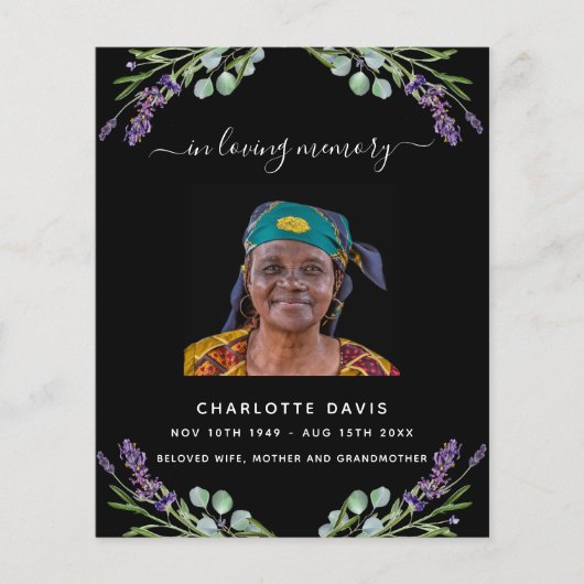 Schwarze Lavendel Foto Beerdigung Programm (Vorderseite)