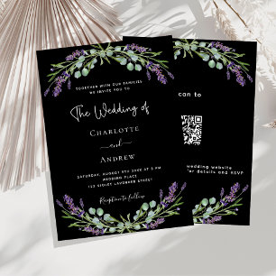 Schwarze Lavendel-Veilchen-QR-Code-RSVP-Luxushochz Einladung