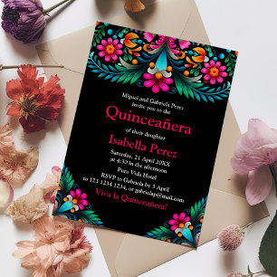 Schwarze lebendige florale Quinceanera mexikanisch Einladung