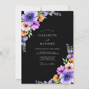 Schwarze lebendige florale Wasserfarben-Hochzeit Einladung