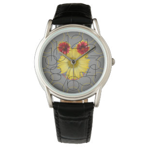 Schwarze lederne Uhr mit Blumengesicht