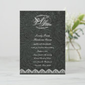 Schwarze lederne Weiß-Tauben-Hochzeits-Einladung Einladung (Stehend Vorderseite)