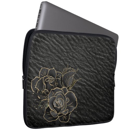 SCHWARZE LEDERSEITE MIT SCHWARZEN GOLD-ROSE AUSSEH LAPTOPSCHUTZHÜLLE (Vorne Rechts)