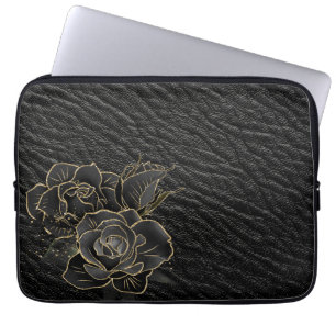 SCHWARZE LEDERSEITE MIT SCHWARZEN GOLD-ROSE AUSSEH LAPTOPSCHUTZHÜLLE