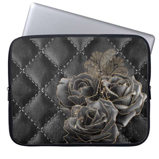 SCHWARZE LEDERSEITE MIT SCHWARZEN GOLD-ROSE AUSSEH LAPTOPSCHUTZHÜLLE (Vorderseite)