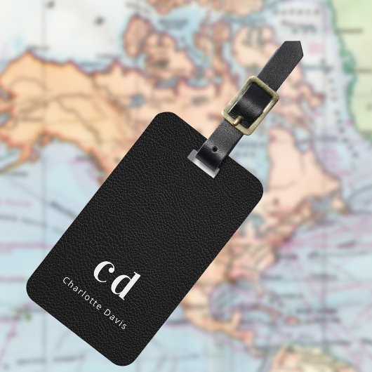 Schwarze Ledertextur, Monogramm Gepäckanhänger