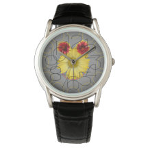 Schwarze Lederuhr mit Blume
