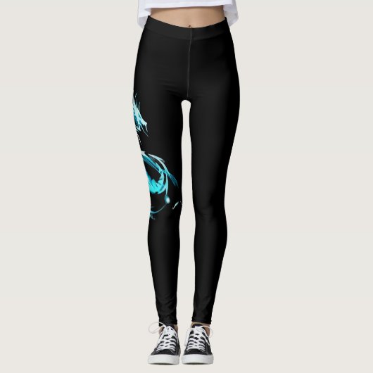 Schwarze Leggings mit blauem Drachendesign (Vorderseite)