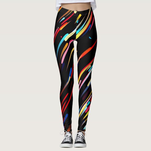 Schwarze Leggings mit farbenfrohen, fallenden Mete (Vorderseite)