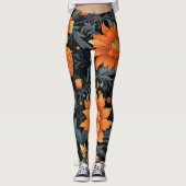Schwarze Leggings mit lebendigen orangen Blumen (Vorderseite)