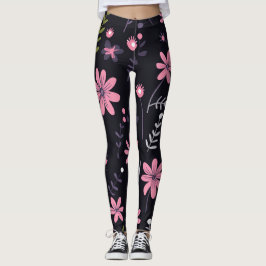 Schwarze Leggings mit rosa Blumendruck -