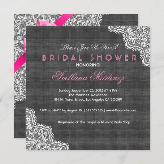 Schwarze Leinen und weiße Spitzen Brautparty laden Einladung (Vorne/Hinten)