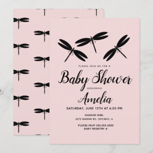 Schwarze Libellen  Rosa Babyparty-Einladung Einladung