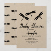 Schwarze Libellen Rustikale Babyparty-Einladung