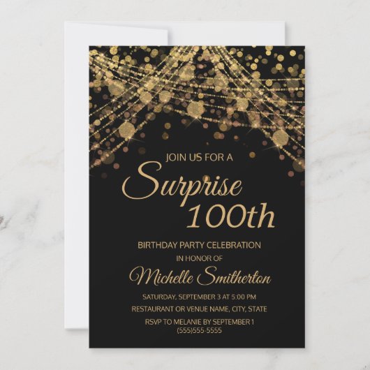 Schwarze Lichterkette mit Gold überrascht zum 100. Einladung (Vorderseite)