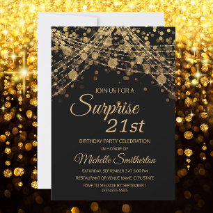 Schwarze Lichterkette mit Gold überrascht zum 21. Einladung