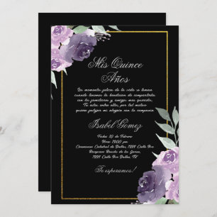 Schwarze Lila Blume Quinceanera Einladung