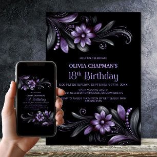 Schwarze lila Blumenparty zum 18. Geburtstag Einladung