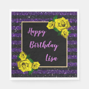 Schwarze lila Glitter-Streifen gelbe Rosen Geburts Serviette