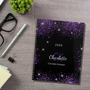Schwarze lila Glitzer-Staubmonogramm-Initialen 202 Planer