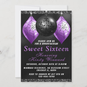 Schwarze lila Halloween-Ornamente Sweet 16 Einladung