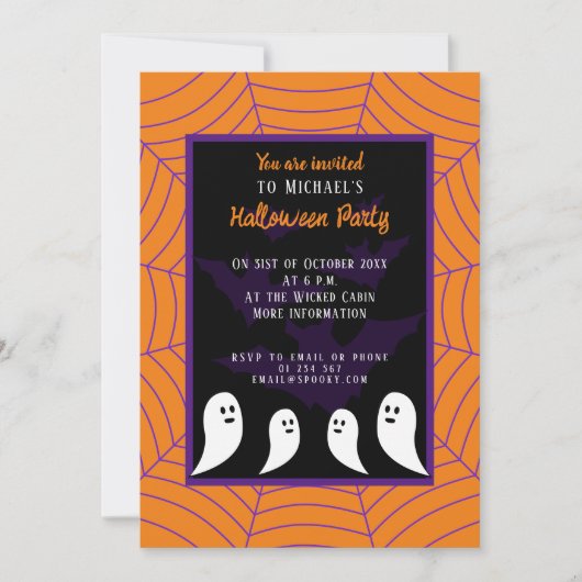 Schwarze lila orange Spinnennetz Halloween-Geist Einladung (Vorderseite)