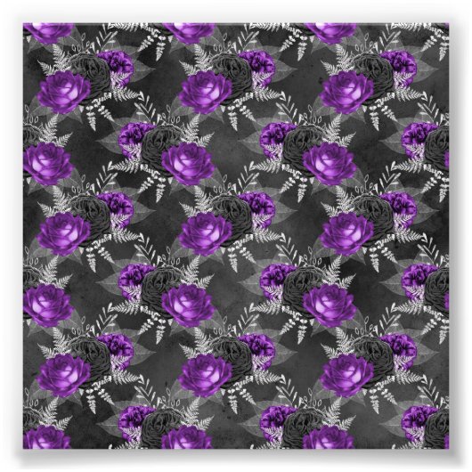 Schwarze Lila Rose Elegante Silver Blätter Garden Fotodruck (Vorne)