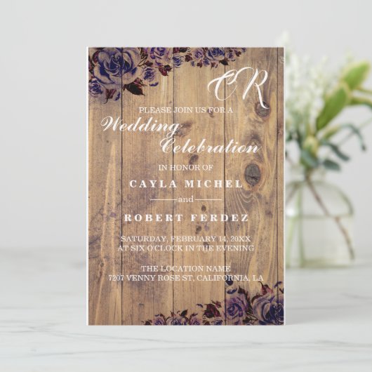 Schwarze Lila Rose Rustikale Hochzeitseinladung Einladung (Stehend Vorderseite)