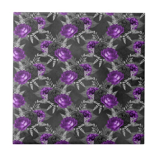 Schwarze Lila Rose Silver Blätter Dark Garden Fliese (Vorderseite)