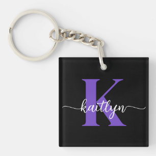 Schwarze lila Schrift Monogramm Schlüsselanhänger