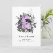 Schwarze, Lila und silberne blumengotische Hochzei Dankeskarte (Stehend Vorderseite)