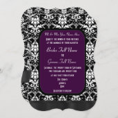 Schwarze, lila und weiße Damastenhochzeit Einladung (Vorne/Hinten)