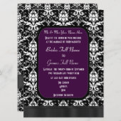 Schwarze, lila und weiße Damastenhochzeit Einladung (Vorne/Hinten)