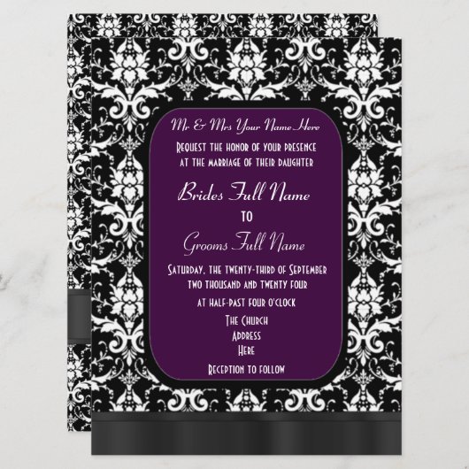 Schwarze, lila und weiße Damastenhochzeit Einladung (Vorne/Hinten)