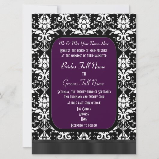 Schwarze, lila und weiße Damastenhochzeit Einladung (Vorderseite)
