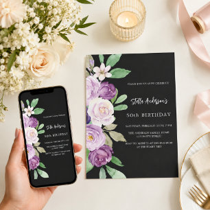 Schwarze lila violette Blumen zum Geburtstag Einladung