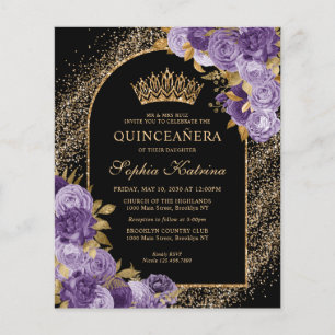 Schwarze Lila Violette Gold Floral Quinceanera