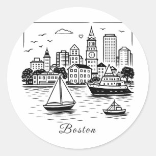 Schwarze Linie Boston Illustration Runder Aufkleber