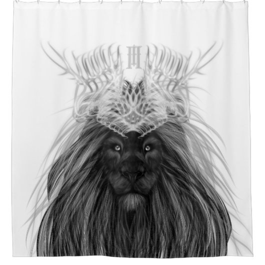 Schwarze Löwe mit Antlerkrone und Monogramm Duschvorhang (Vorderseite)