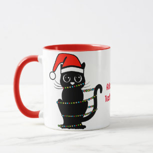 Schwarze lustige Katze Weihnachtslicht Santa Hut Tasse