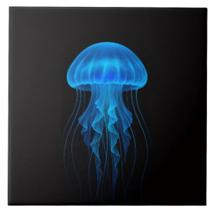 Schwarze Luxe-Fliese 4 mit Neonblauer Qualle Fliese
