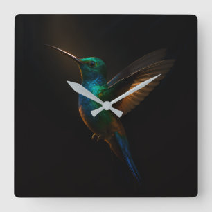 Schwarze Luxus-Wanduhr mit fliegendem Kolibri Quadratische Wanduhr