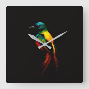 Schwarze Luxus-Wanduhr mit Regenbogen-Tropenvogel Quadratische Wanduhr