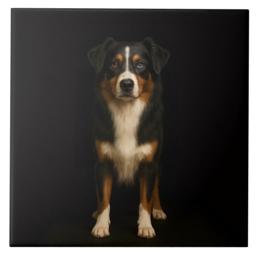 Schwarze Luxusfliese 4 mit weisem Australian Sheph Fliese (Vorderseite)