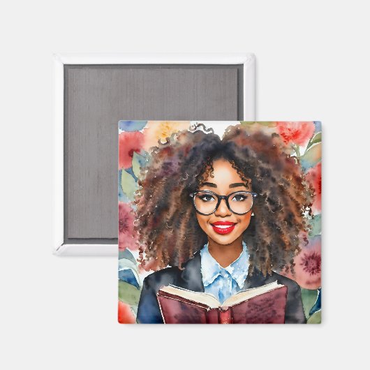 Schwarze Mädchen mit Brille und Buch Magnet (Vorderseite/Rückseite)