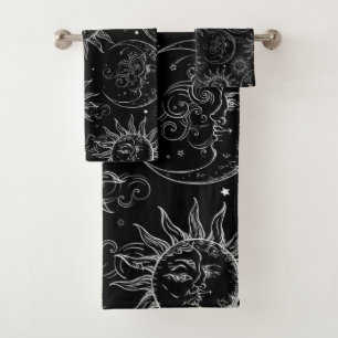 Schwarze Magie Vintage Himmels-Sonne Mond Sterne Badhandtuch Set