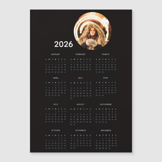 Schwarze Magnetkarte mit rundem Foto und Kalender  (Vorderseite)